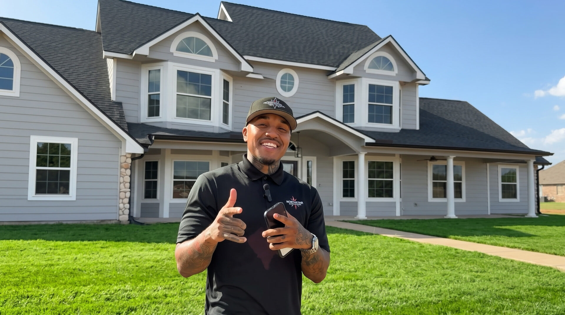 Northstar Exteriors team member on site in front of a two-story home