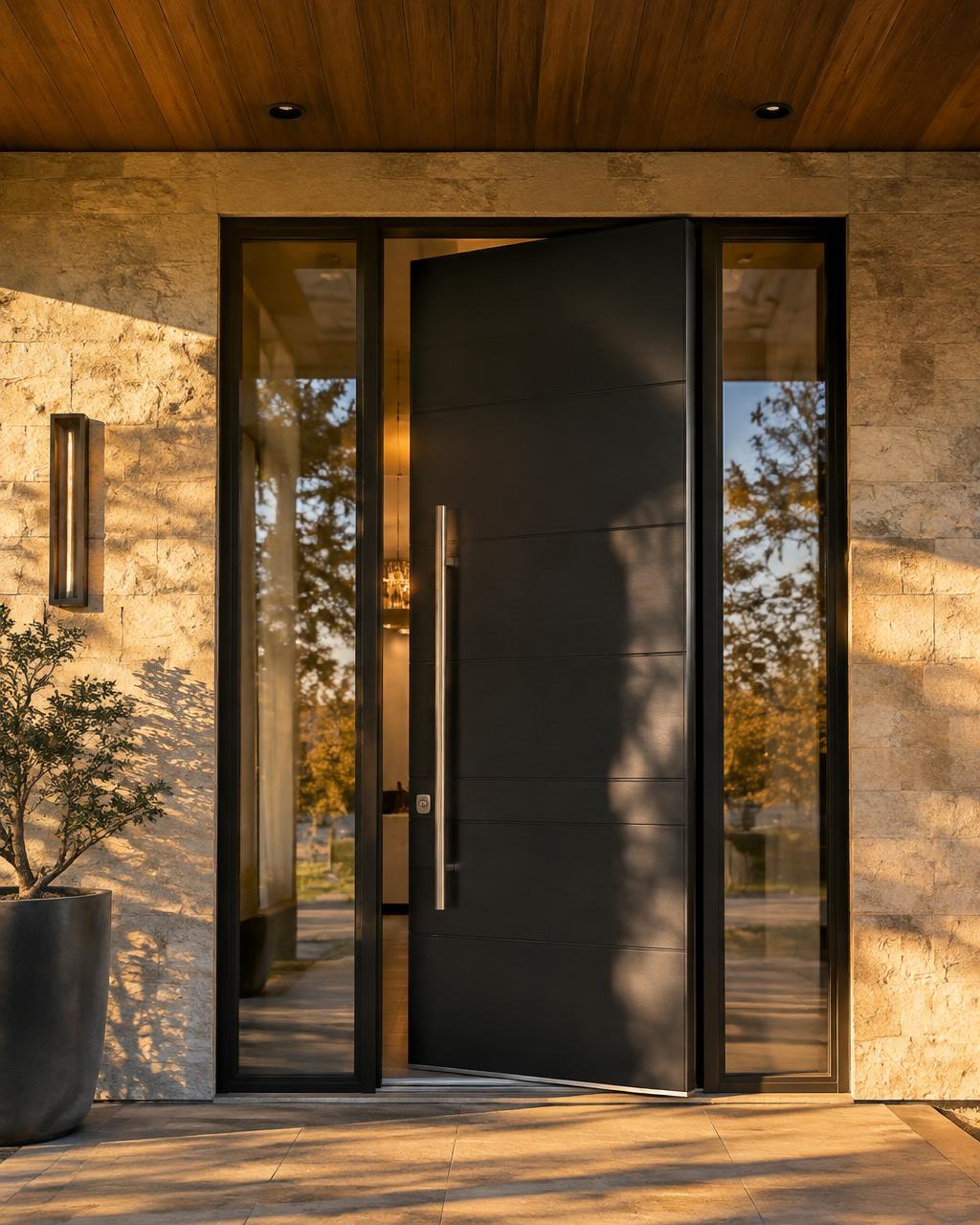 Modern black pivot entry door with glass sidelights in warm stone